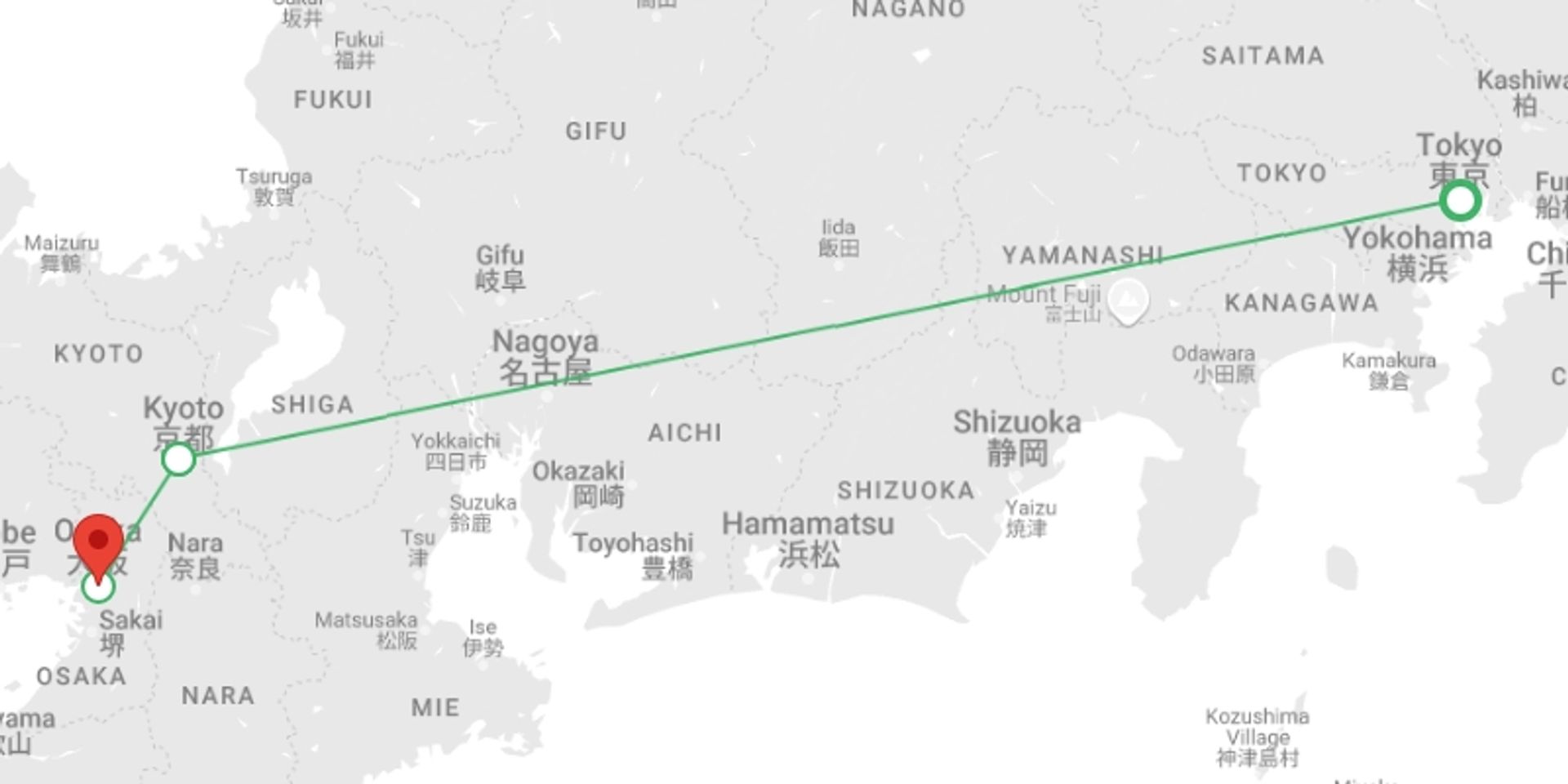 A map showing the tour itinerary for the trip: Japan Bound: Tokyo to Kyoto's Cherry Blossom Trail, starting in undefined, Japan and ending in undefined, Japan going through 0 other destinations.