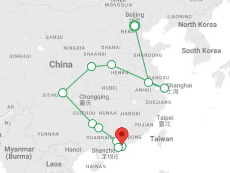 Map of a Art and architecture Tour with 13 destination visits for the trip: Golden Triangle and South of China end Hong Kong