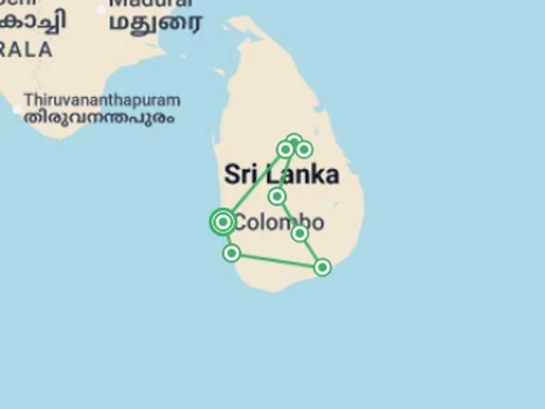 Map itinerary of Asia Tour in June 2026 with 7 destination visits for the trip: Wild Sri Lanka & Beach for Families - 13 days