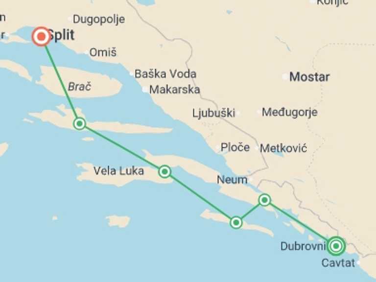 Map of Split Sightseeing Tour with 6 destination visits for the trip: Jewels of the Adriatic from Dubrovnik Deluxe Superior - 8 days
