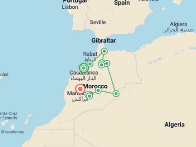 Map of 12-Day Marrakech Tour with 8 destination visits for the trip: Morocco Explorer