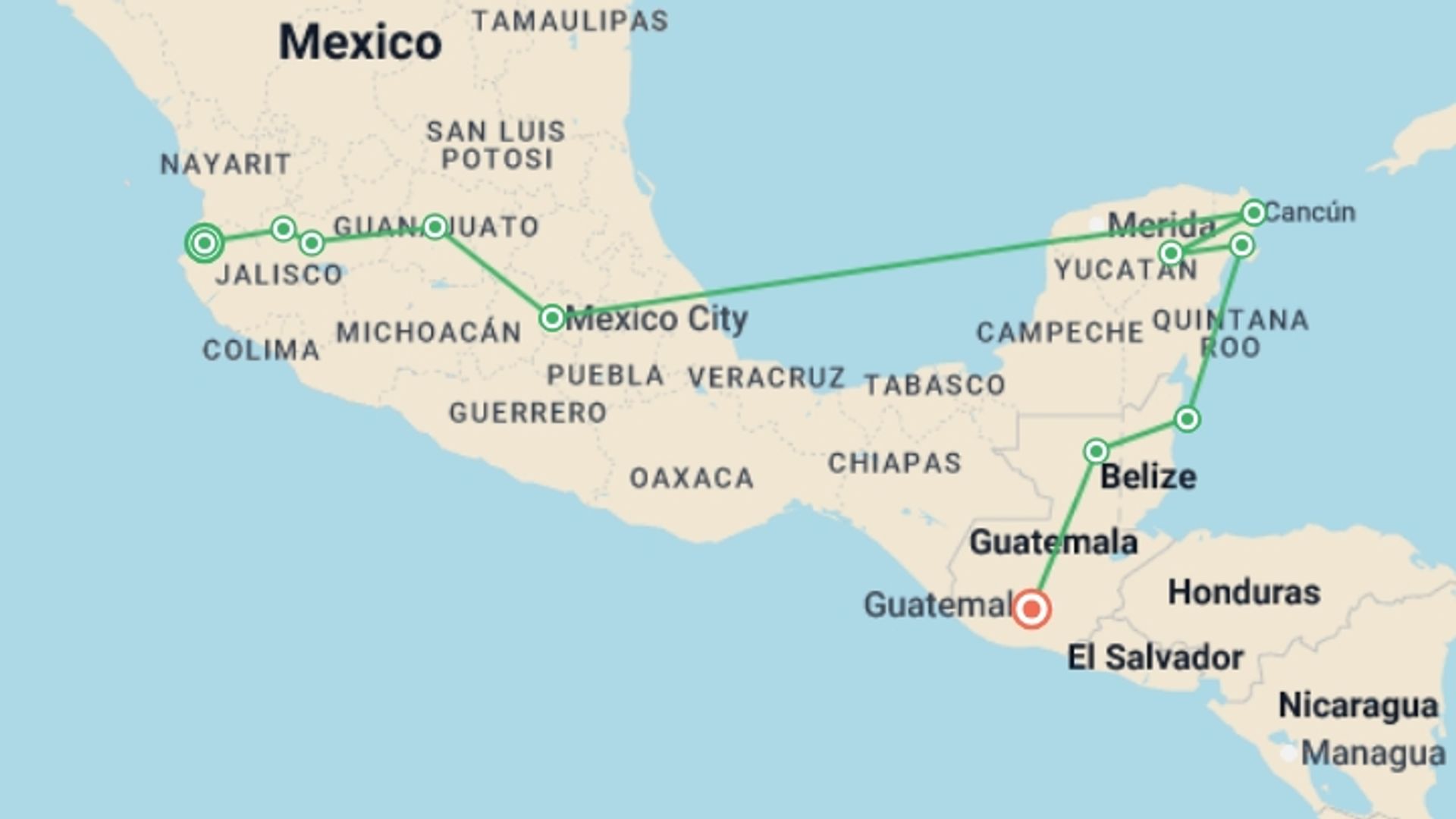 A map showing the tour itinerary for the trip: Ultimate Central America, starting in Puerto Vallarta, Mexico and ending in Antigua, Guatemala going through 7 other destinations.