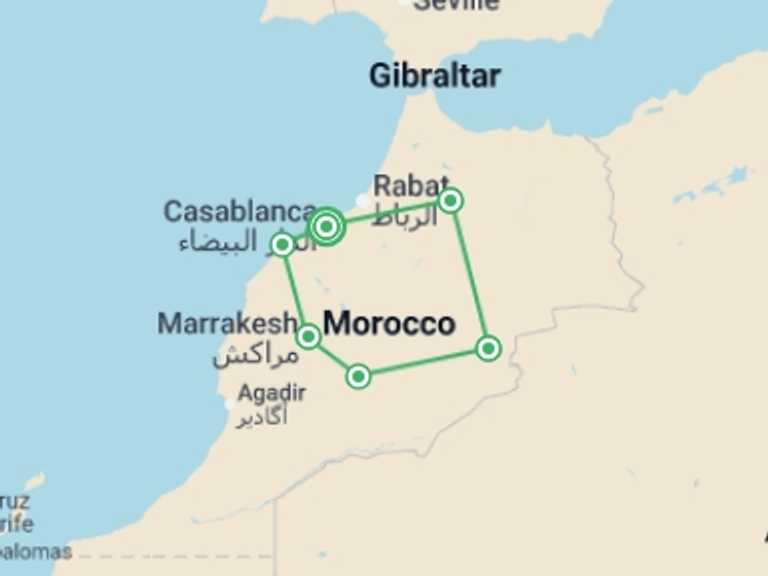 Map itinerary of Morocco Tour in July 2026 with 6 destination visits for the trip: Treasures of Morocco