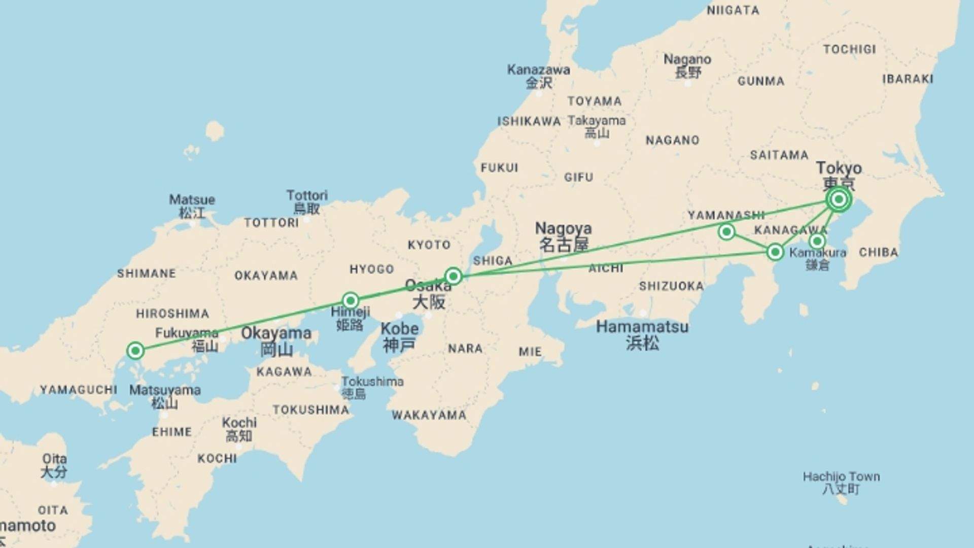 A map showing the tour itinerary for the trip: Ancient Highway Tour, starting in Tokyo, Japan and ending in Tokyo, Japan going through 6 other destinations.