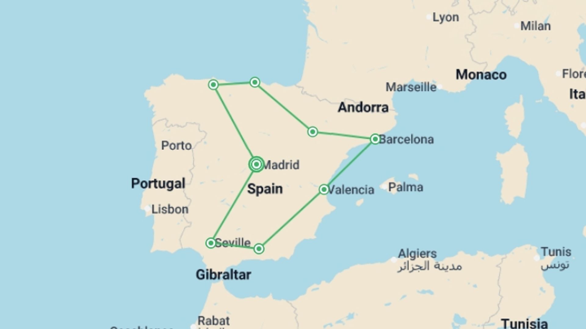A map showing the tour itinerary for the trip: Spanish Ole, starting in Madrid, Spain and ending in Madrid, Spain going through 7 other destinations.