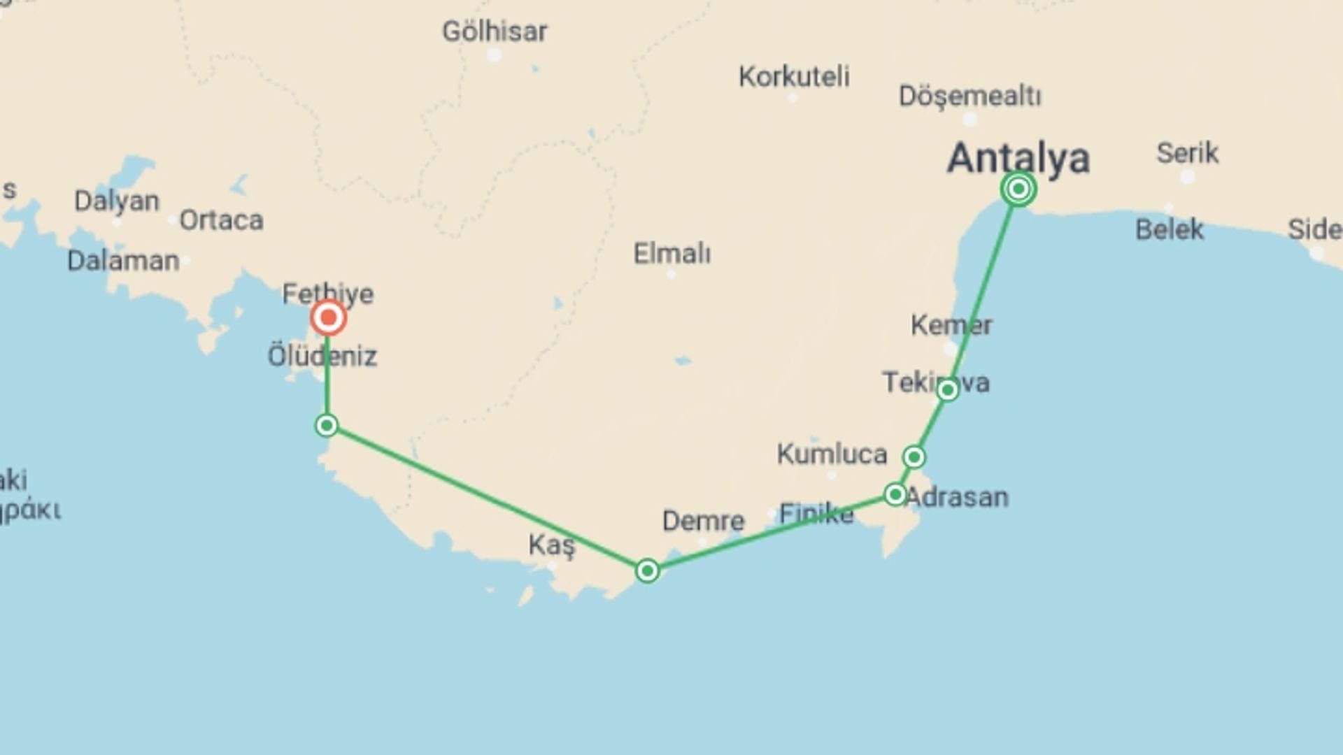 A map showing the tour itinerary for the trip: Walk the highlights of the Lycian Way, starting in Antalya, Turkey and ending in Fethiye, Turkey going through 6 other destinations.
