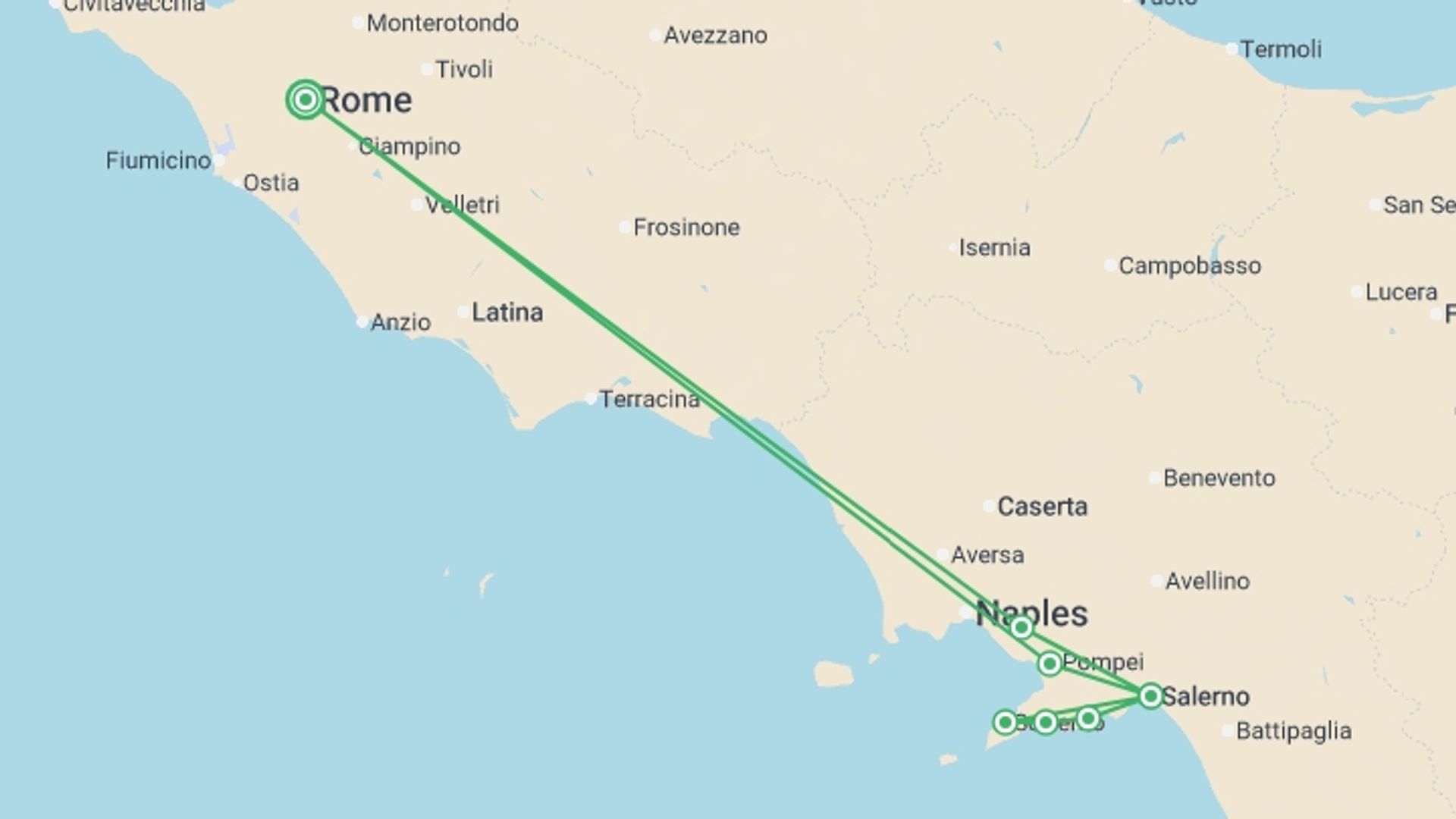 A map showing the tour itinerary for the trip: Amalfi, Pompeii & Vesuvius - 3 days, starting in Rome, Italy and ending in Rome, Italy going through 1 other destinations.