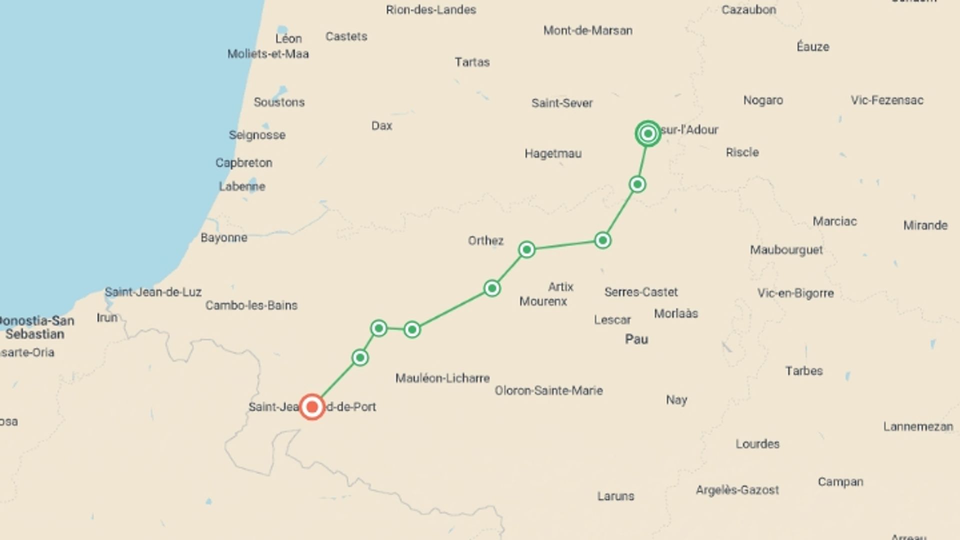 A map showing the tour itinerary for the trip: Le Puy Camino - Aire sur l'Adour to the Pyrenees, starting in Aire Sur L'adour, France and ending in Saint-Jean-Pied-de-Port, France going through 10 other destinations.