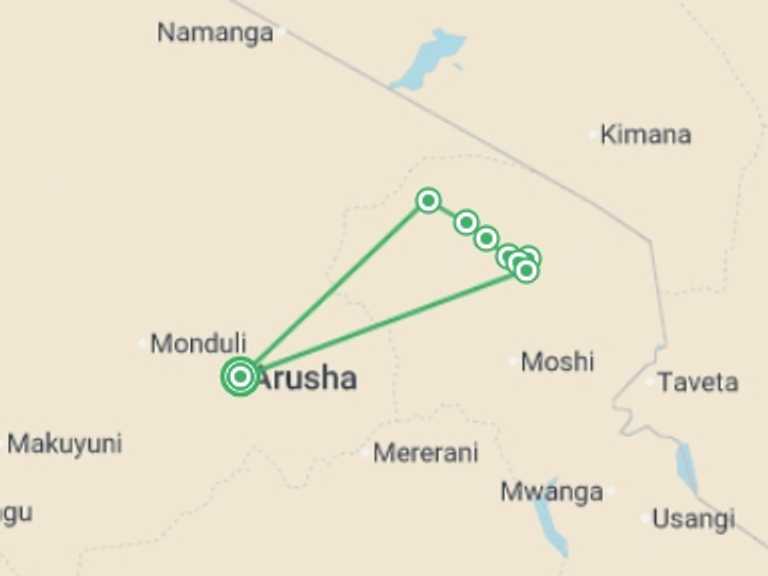 Map itinerary of Africa Tour in Fall with 8 destination visits for the trip: Kilimanjaro Climb - Lemosho Route