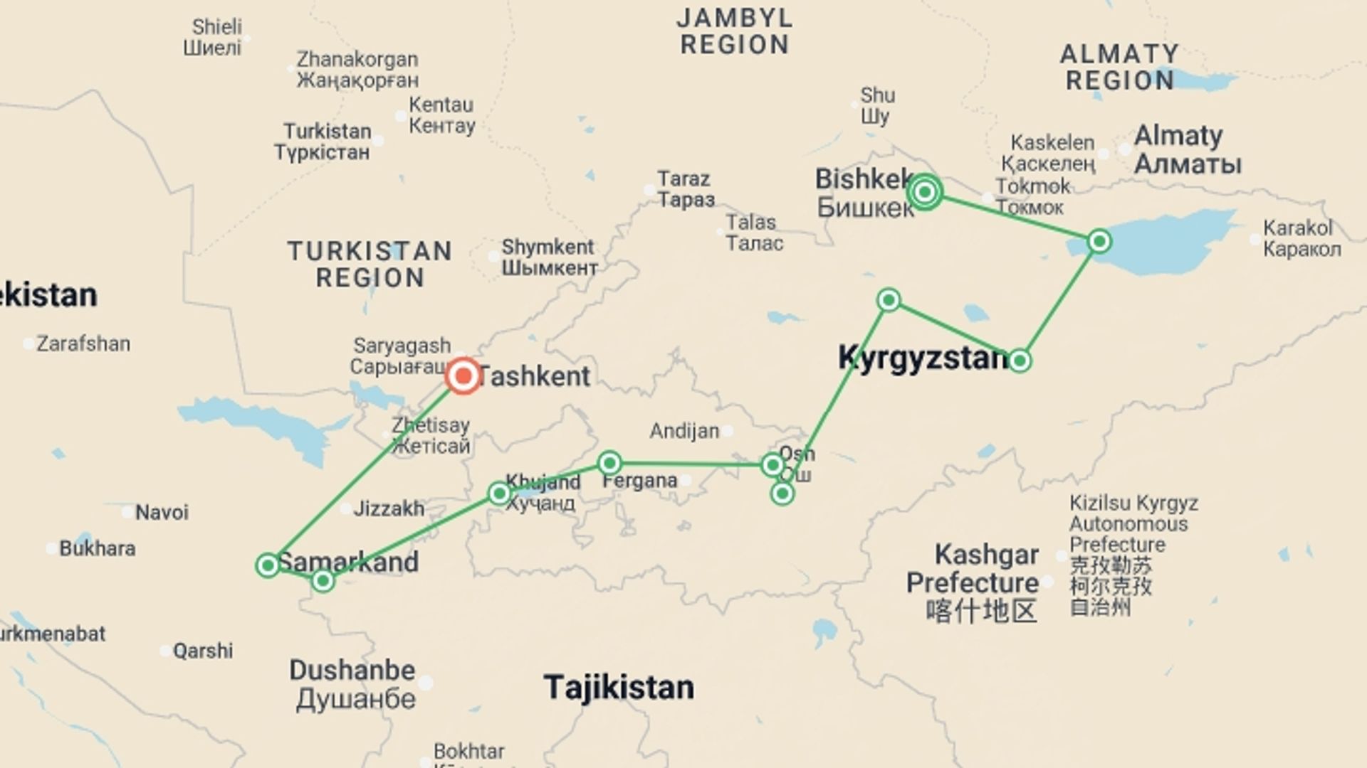 A map showing the tour itinerary for the trip: Central Asia Explorer, starting in Bishkek, Kyrgyzstan and ending in Tashkent, Uzbekistan going through 9 other destinations.