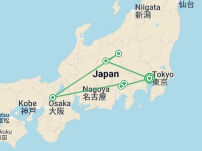 Map itinerary of Tokyo Tour in Spring with 3 destination visits for the trip: Central Japan Express
