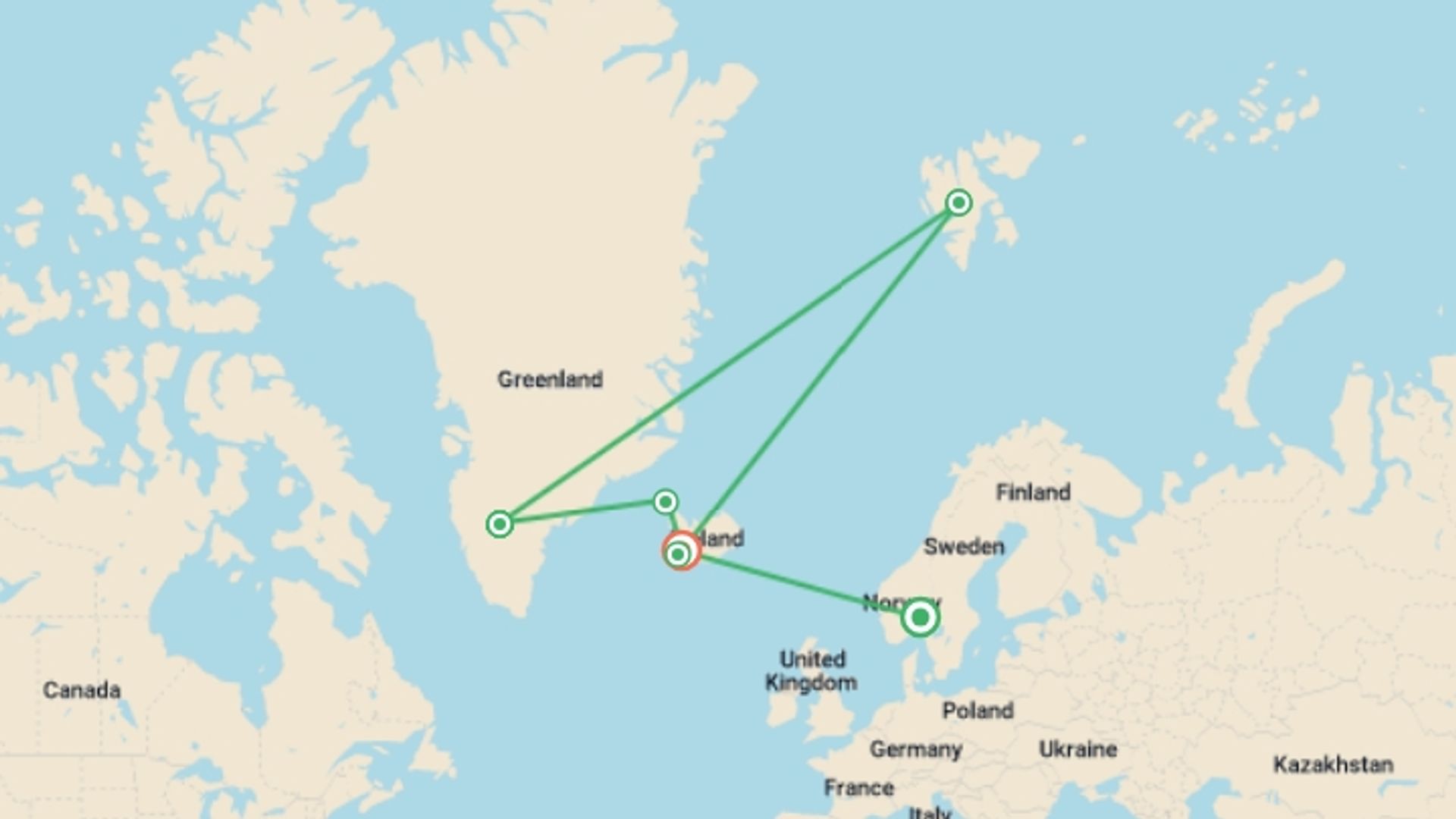A map showing the tour itinerary for the trip: Spitsbergen, Greenland and Iceland - Douglas Mawson, starting in Oslo, Norway and ending in Reykjavik, Iceland going through 4 other destinations.