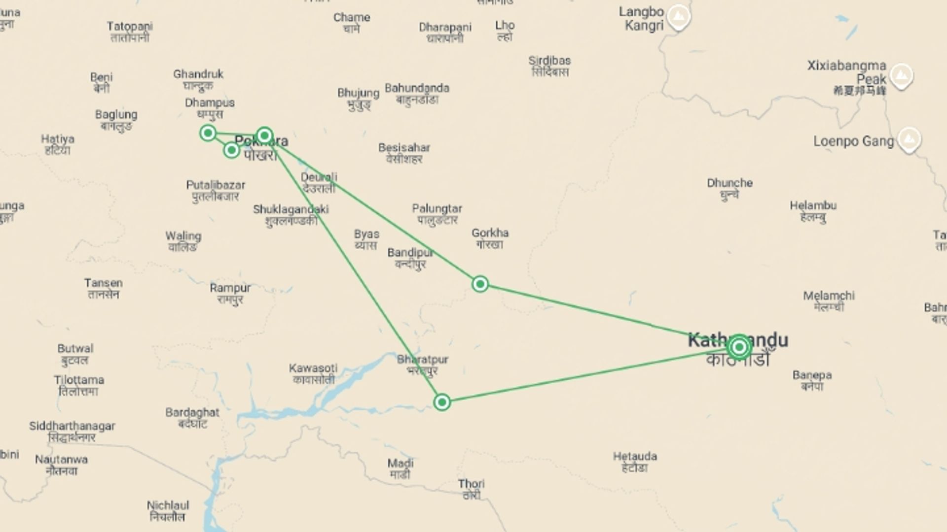 A map showing the tour itinerary for the trip: Walking the Annapurna Foothills, starting in Kathmandu, Nepal and ending in Kathmandu, Nepal going through 5 other destinations.