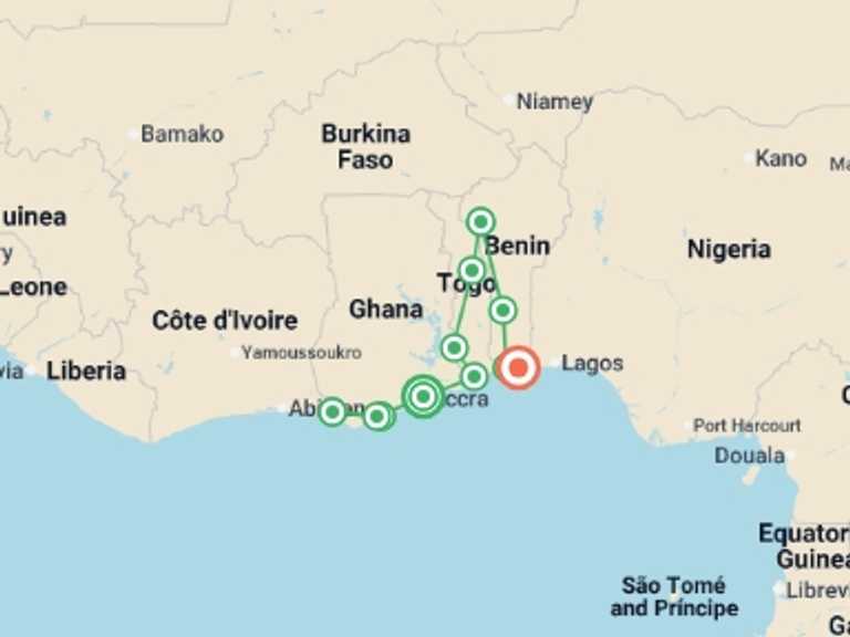 Map of West Africa Tour with 11 destination visits for the trip: Ghana, Togo, & Benin: Castles, Coastlines and Voodoo Discoveries
