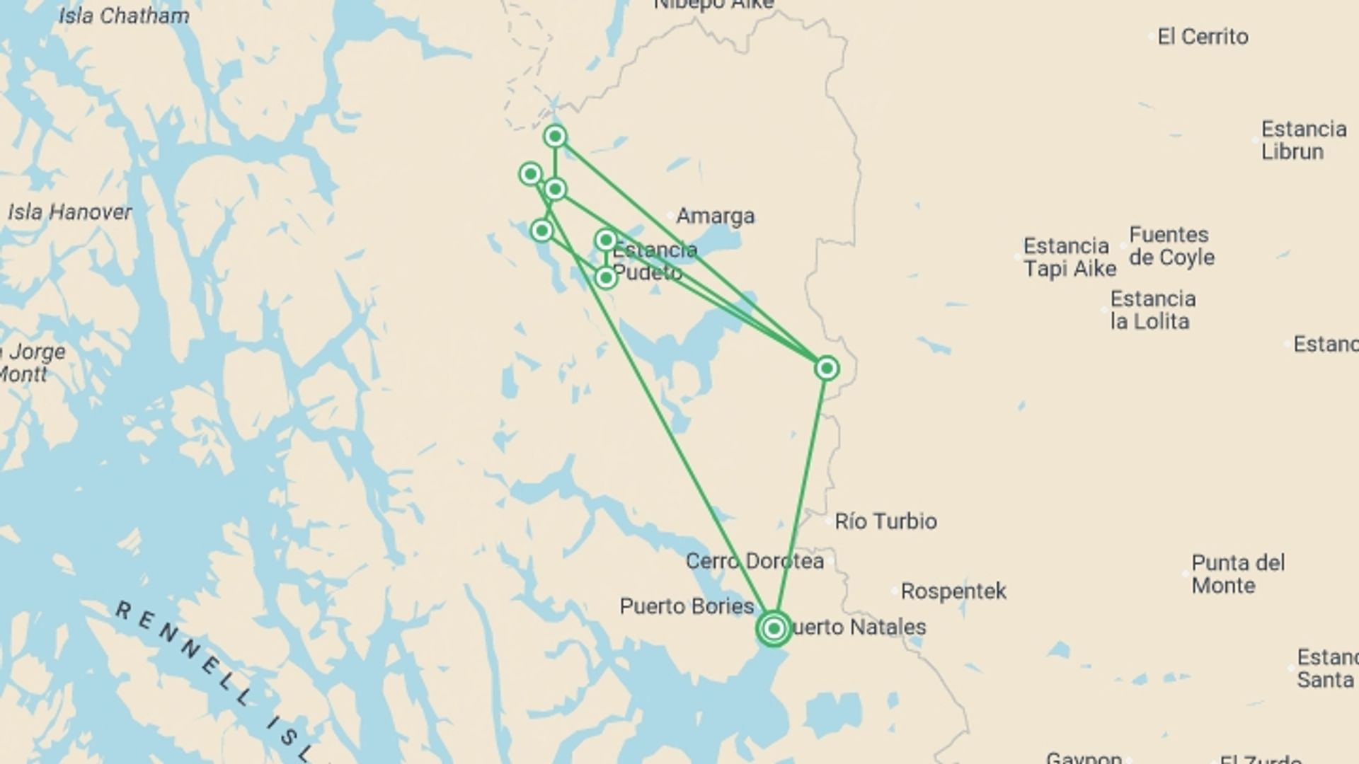 A map showing the tour itinerary for the trip: Torres del Paine Circuit, starting in Puerto Natales, Chile and ending in Puerto Natales, Chile going through 10 other destinations.