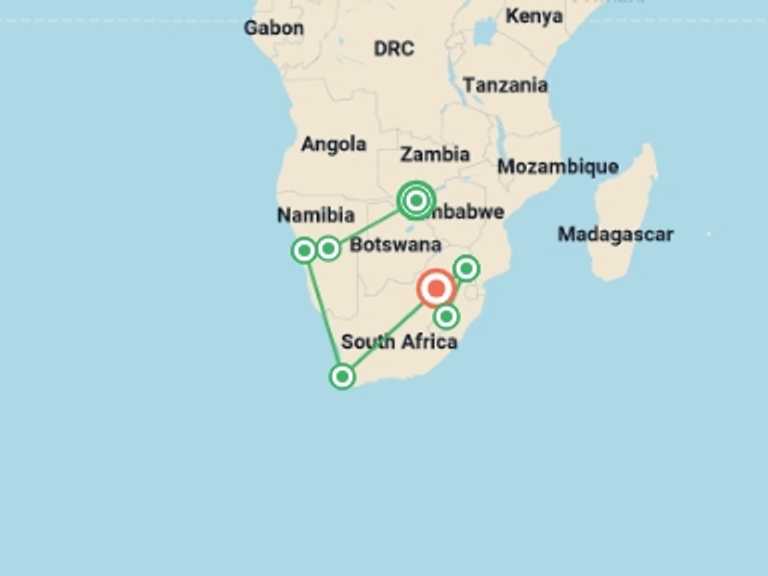Map of Victoria Falls Explorer Tour with 7 destination visits for the trip: Ultimate Active Southern Africa