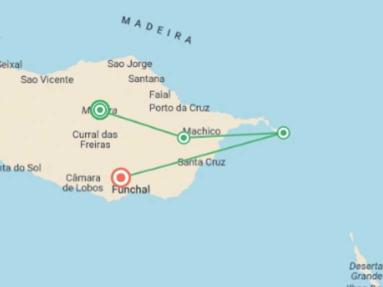 Map of Funchal Tour with 4 destination visits for the trip: Marvels of Madeira Walk