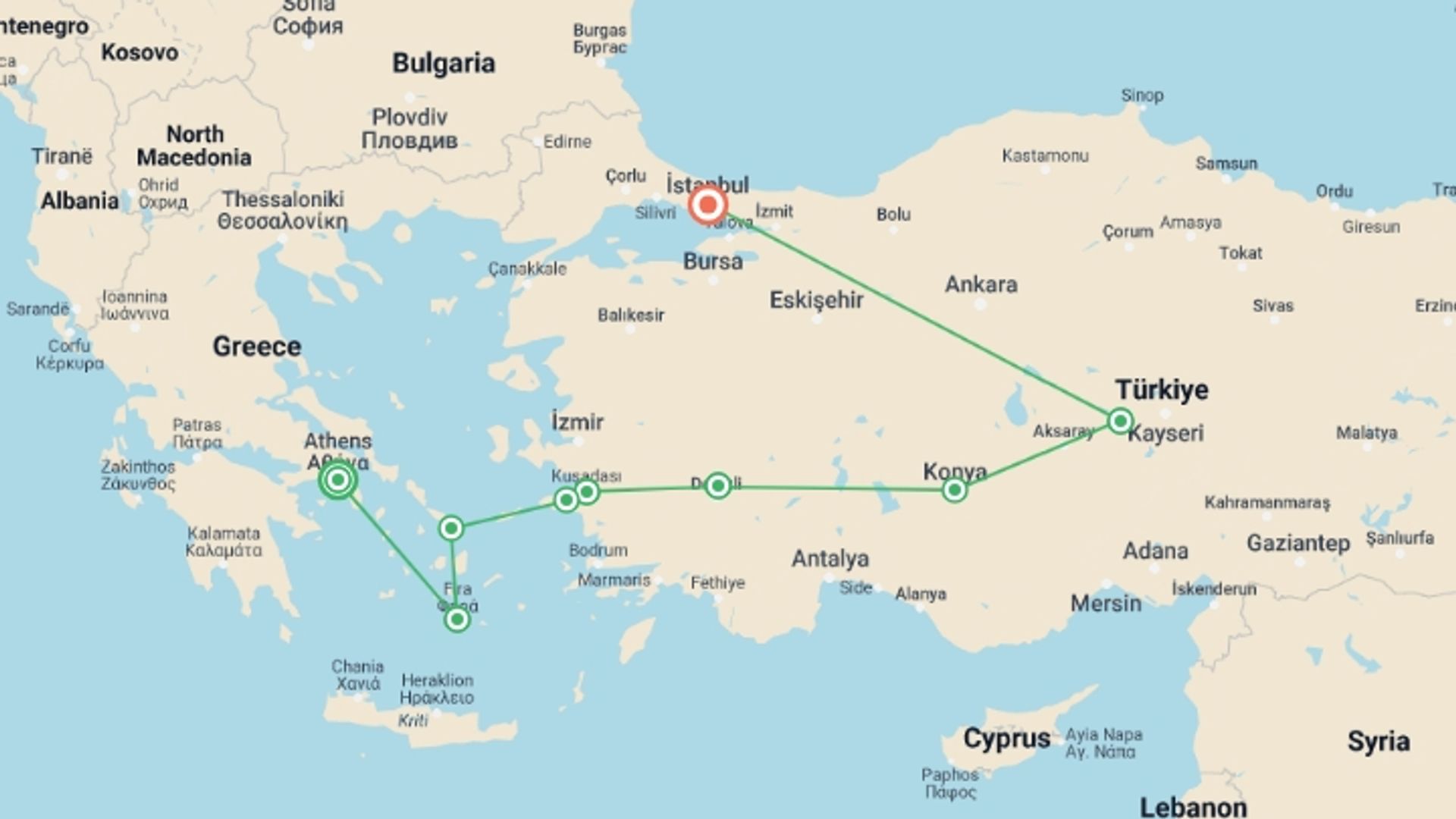 A map showing the tour itinerary for the trip: Classic Turkey & Greek Islands, starting in Athens, Greece and ending in Istanbul, Turkey going through 7 other destinations.