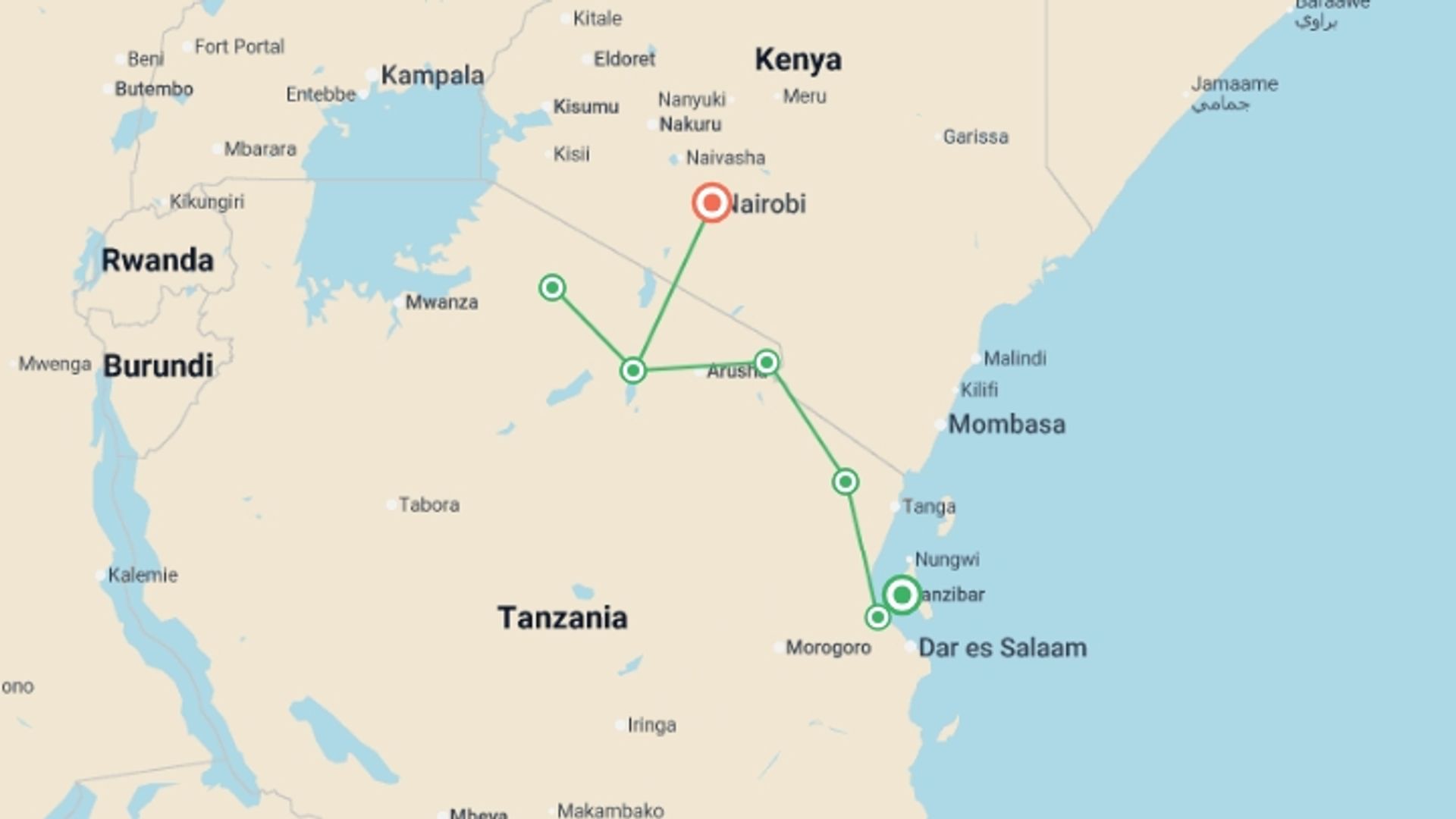 A map showing the tour itinerary for the trip: Stone Town to Nairobi, starting in Zanzibar, Tanzania and ending in Nairobi, Kenya going through 5 other destinations.