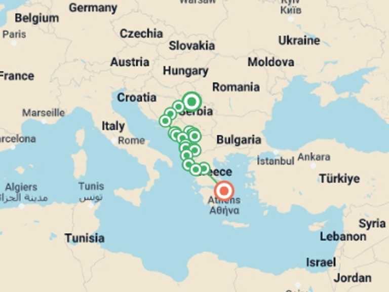 Map of Europe Tour with 16 destination visits for the trip: Small Group Balkans Tour; Belgrade - Athens/Corfu 14 Days