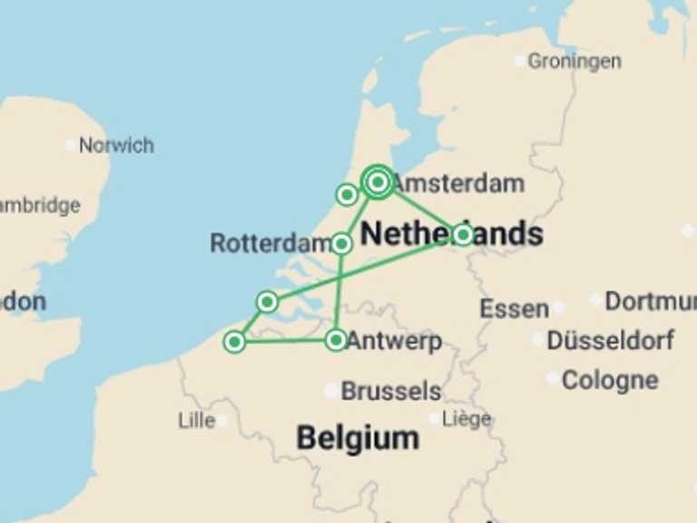 Map of Europe Tour with 6 destination visits for the trip: Holland and Belgium Springtime River Cruise 