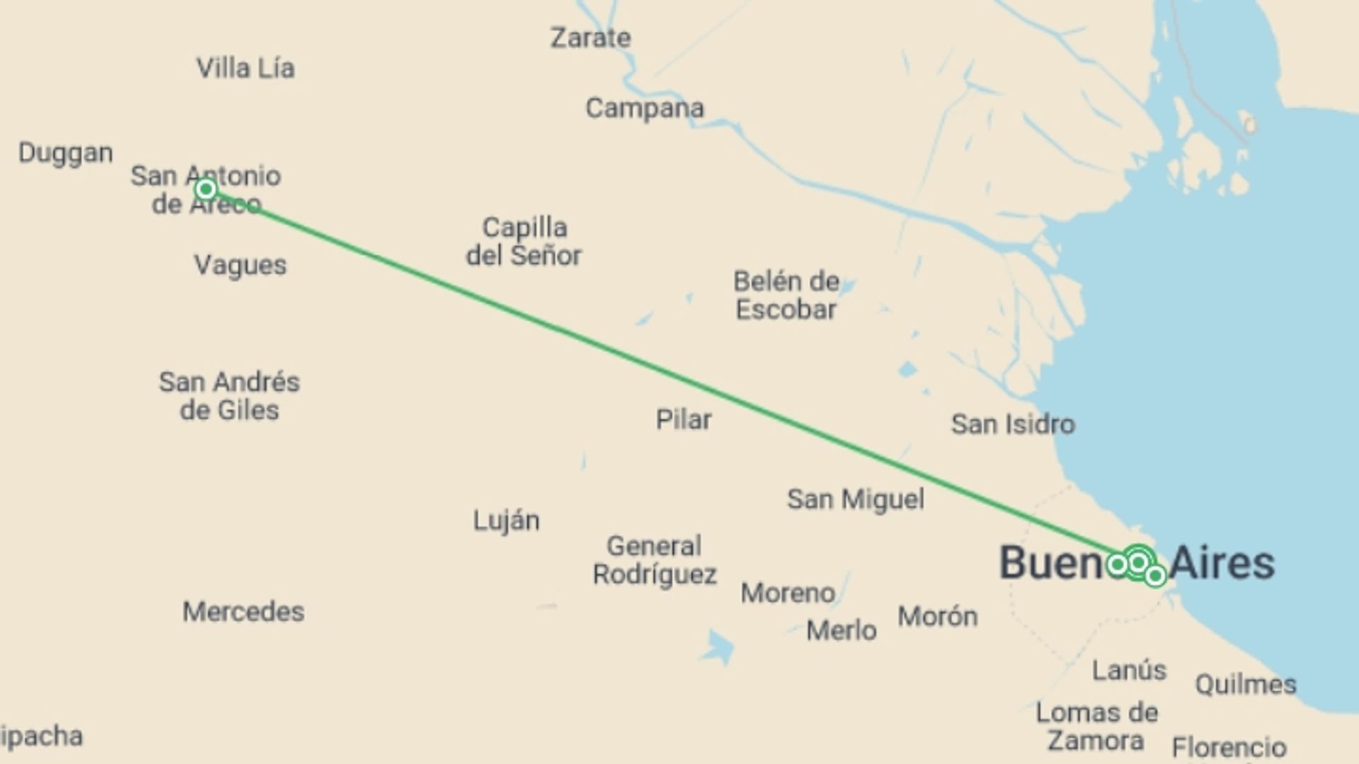 A map showing the tour itinerary for the trip: 5-Day Buenos Aires Luxury Tour, starting in Buenos Aires, Argentina and ending in Buenos Aires, Argentina going through 0 other destinations.