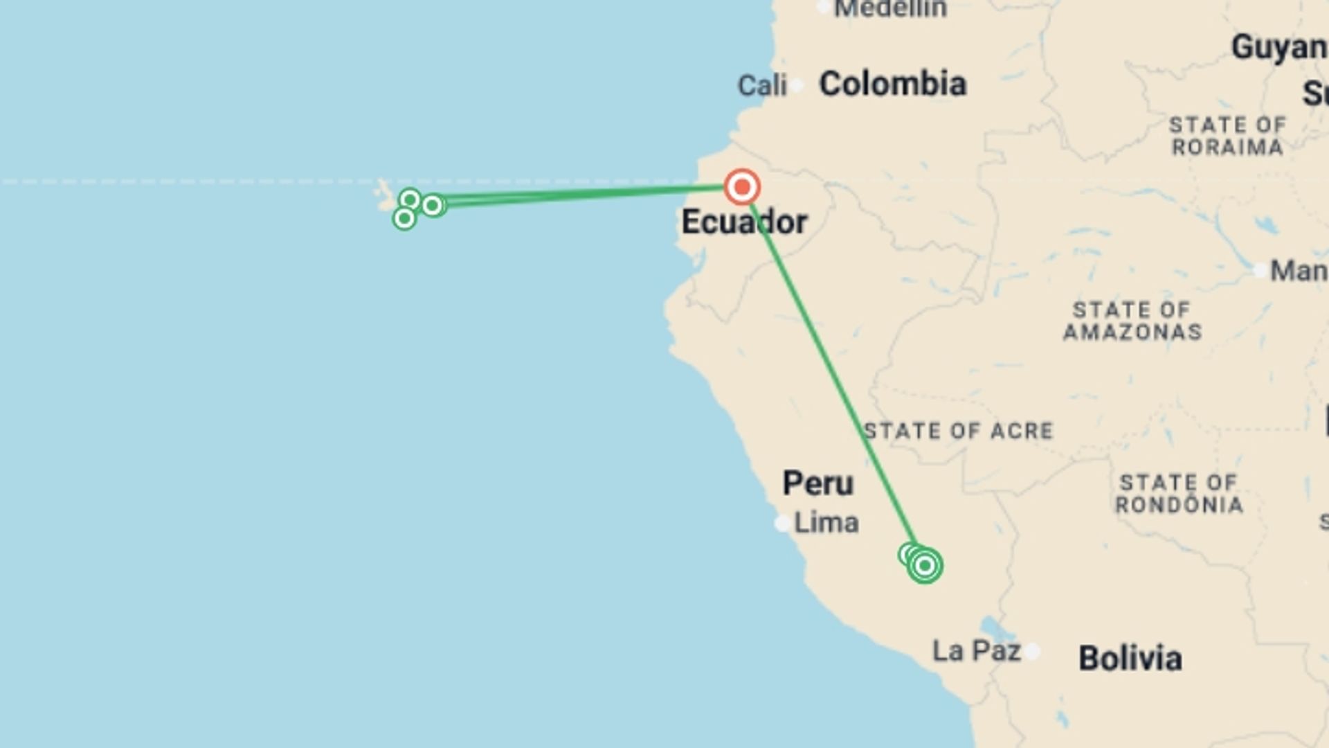 A map showing the tour itinerary for the trip: Machu Picchu & Galapagos, starting in Cusco, Peru and ending in Quito, Ecuador going through 6 other destinations.