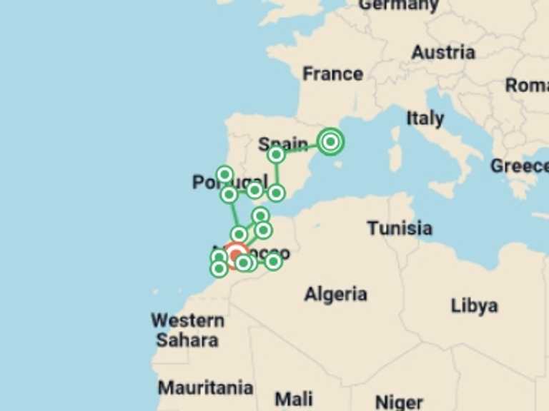 Map of Africa Explorer Tour with 15 destination visits for the trip: Explore Spain, Portugal and Morocco: Coastal Waves & Desert Dunes