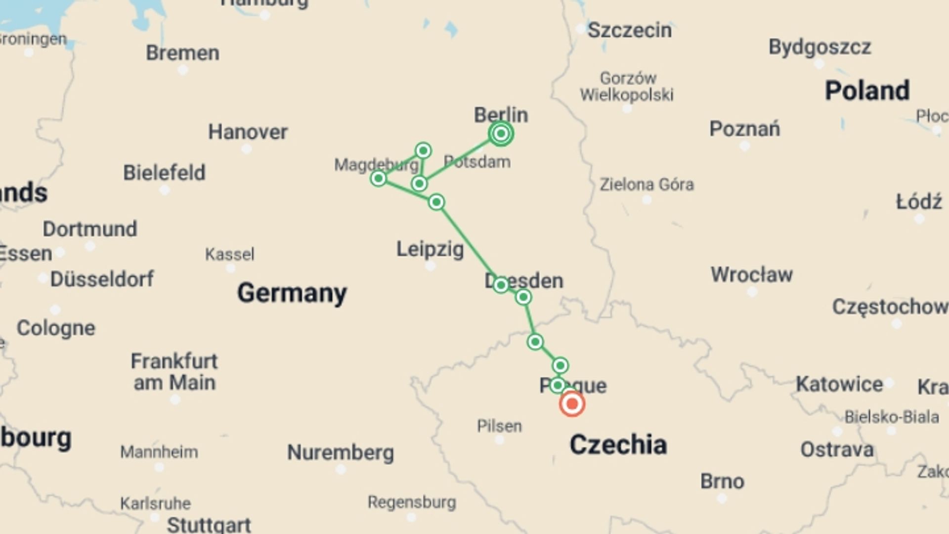 A map showing the tour itinerary for the trip: From Berlin to Prague: Cruise on the Elbe and Vltava Rivers (port-to-port cruise), starting in Berlin, Germany and ending in Prague, Czech Republic going through 6 other destinations.