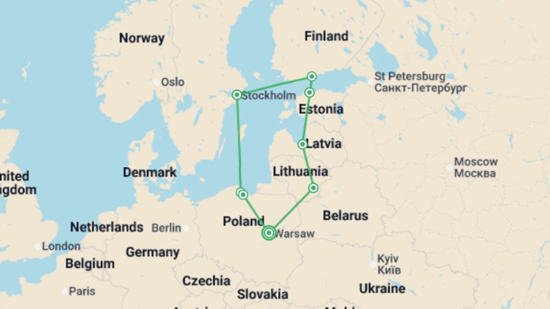 A map showing the tour itinerary for the trip: Fabulous Poland and Baltic Capitals, starting in Warsaw, Poland and ending in Warsaw, Poland going through 7 other destinations.