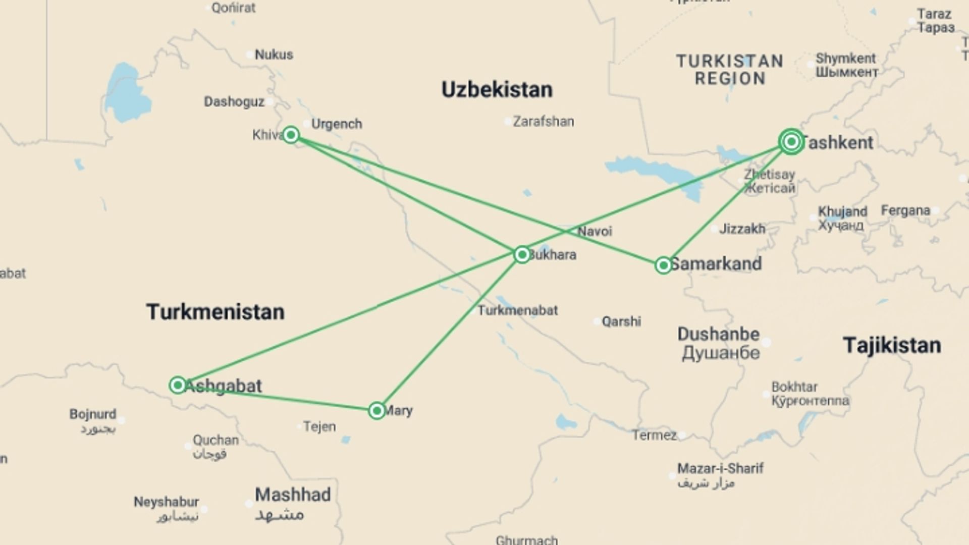 A map showing the tour itinerary for the trip: Wonders of the Silk Road, starting in Tashkent, Uzbekistan and ending in Tashkent, Uzbekistan going through 5 other destinations.