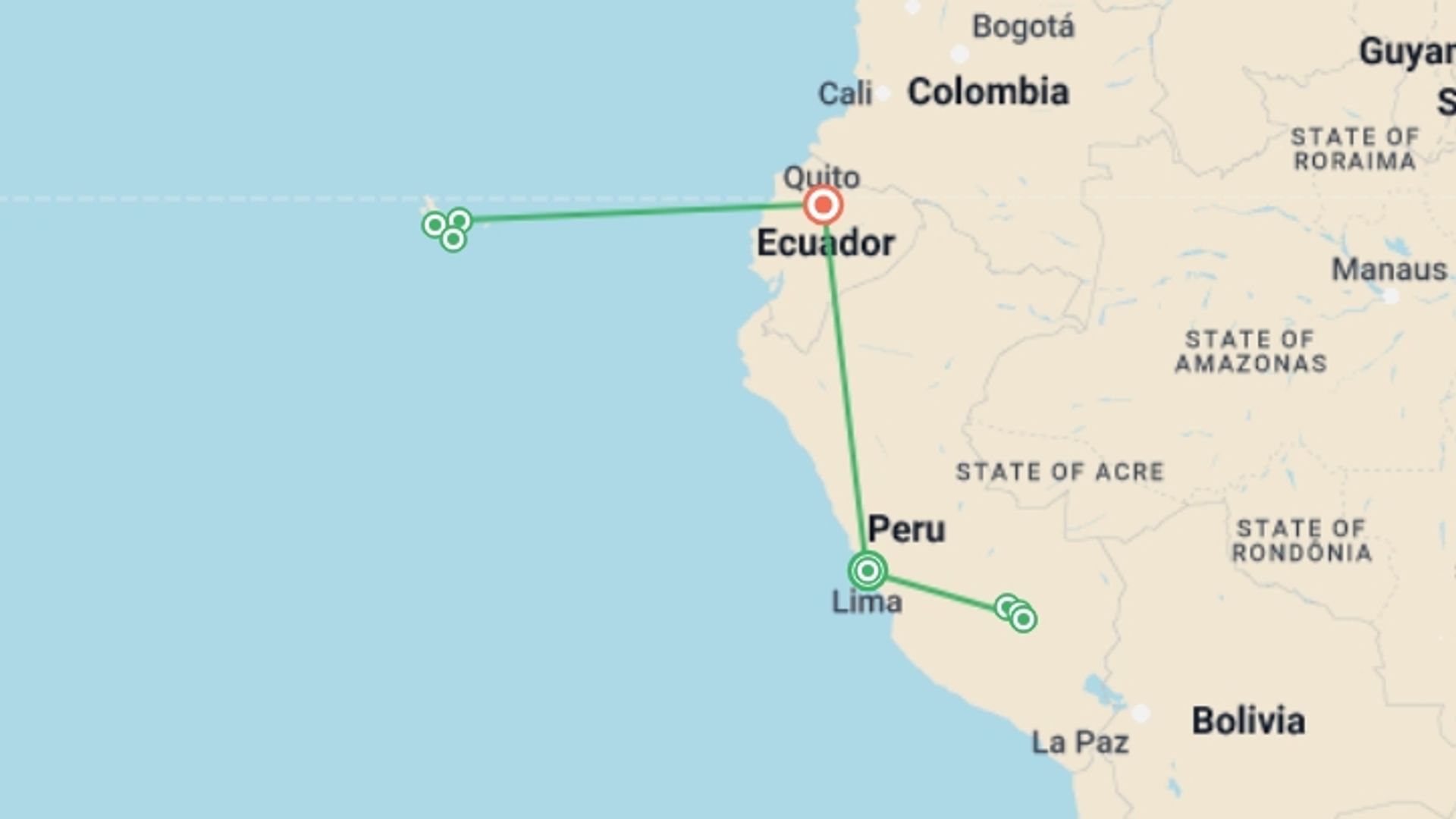 A map showing the tour itinerary for the trip: Machu Picchu & Galápagos Island Hopping, starting in Lima, Peru and ending in Quito, Ecuador going through 6 other destinations.