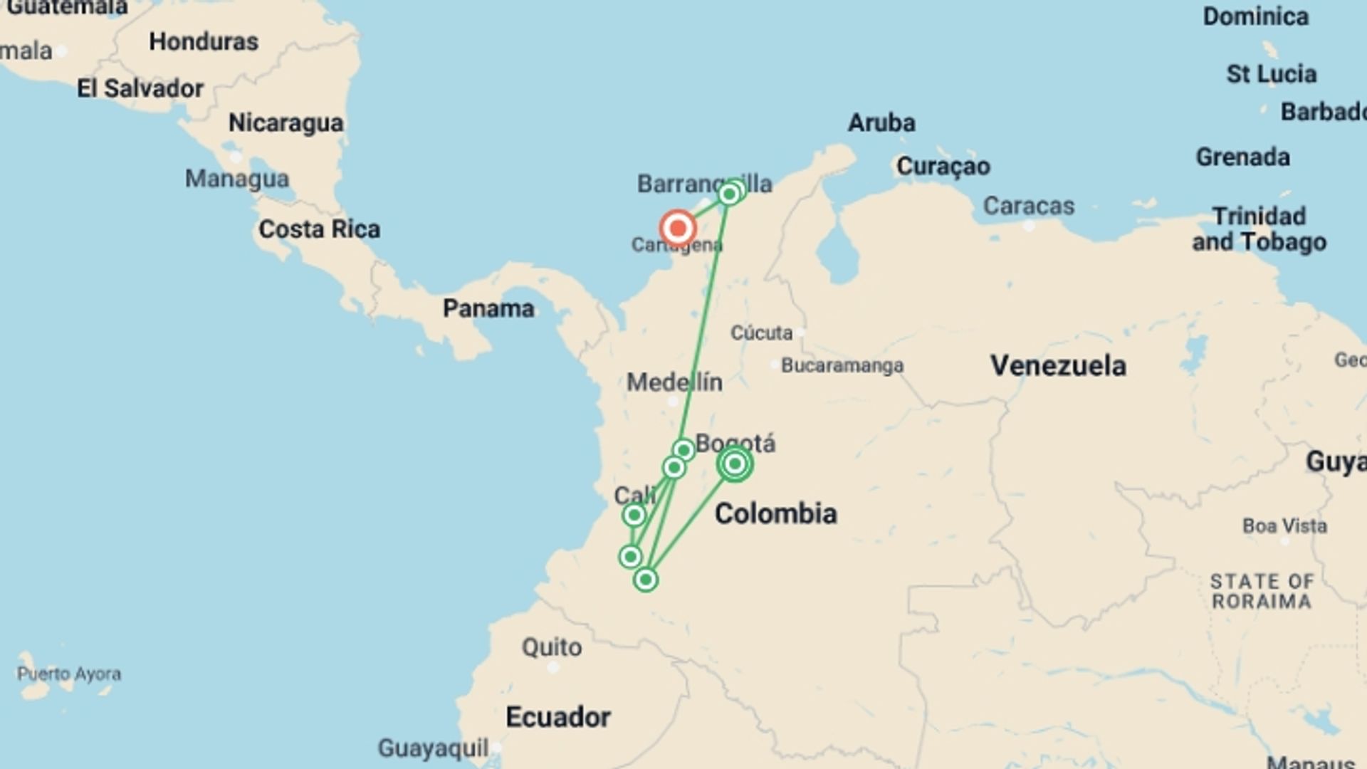 A map showing the tour itinerary for the trip: Colombia: Culture, Coffee & Caribbean, starting in Bogota, Colombia and ending in Cartagena, Colombia going through 6 other destinations.