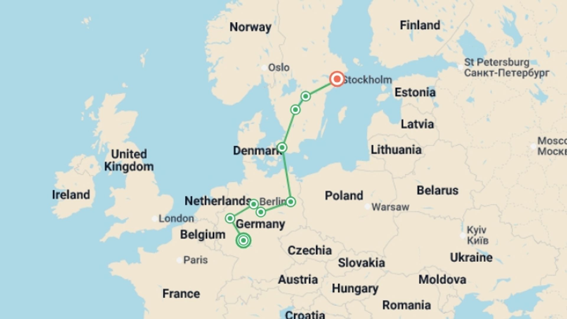 A map showing the tour itinerary for the trip: German Trek End Stockholm, starting in Frankfurt, Germany and ending in Stockholm, Sweden going through 0 other destinations.