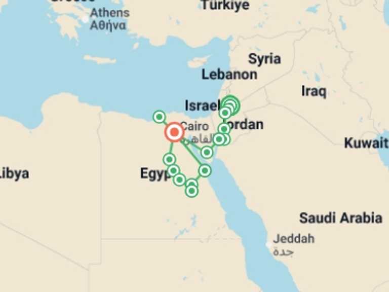 Map itinerary of Petra Tour in March 2026 with 11 destination visits for the trip: All Jordan and Egypt by land