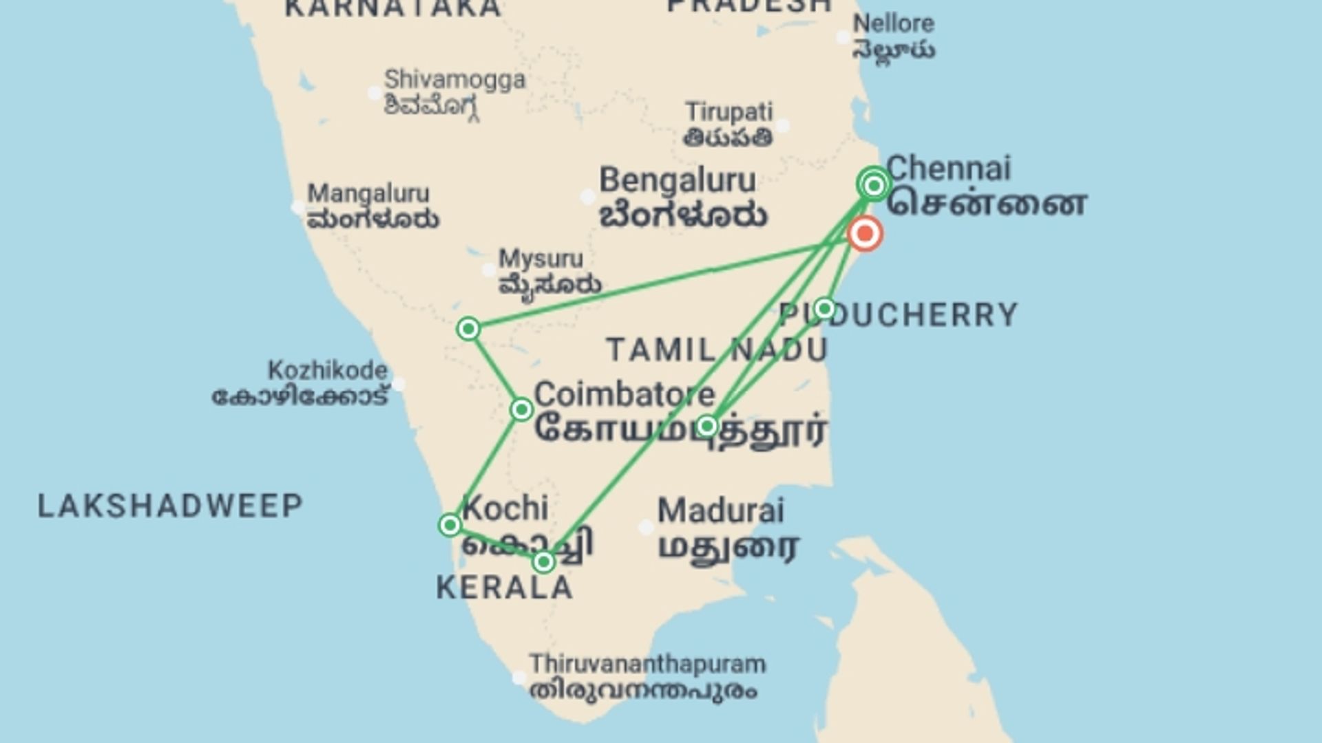 A map showing the tour itinerary for the trip: Highlights of Southern India, starting in Chennai, India and ending in Mamallapuram, India going through 8 other destinations.