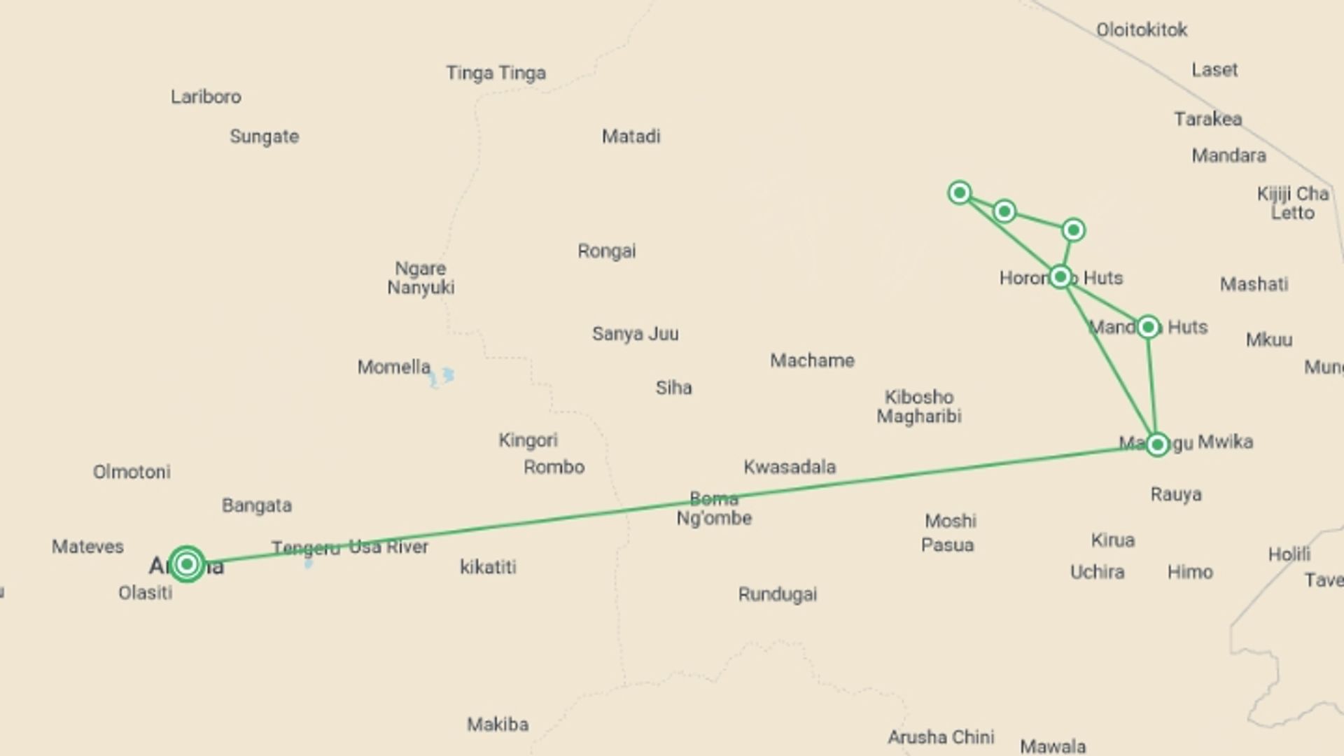A map showing the tour itinerary for the trip: Mt. Kilimanjaro Climbing: 6 Days Marangu Route, starting in Arusha, Tanzania and ending in Arusha, Tanzania going through 5 other destinations.