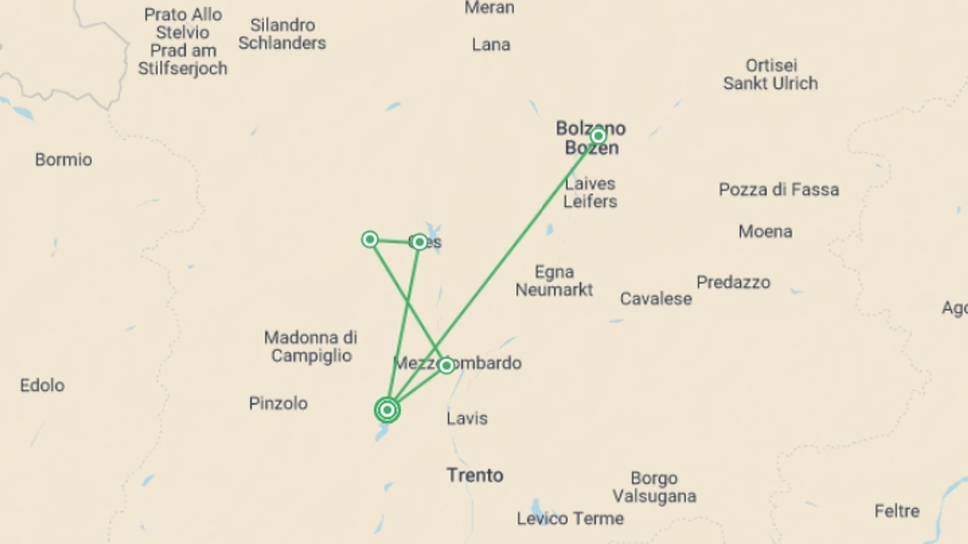 A map showing the tour itinerary for the trip: Dolomites by Train - 8 days, starting in Molveno, Italy and ending in Molveno, Italy going through 1 other destinations.