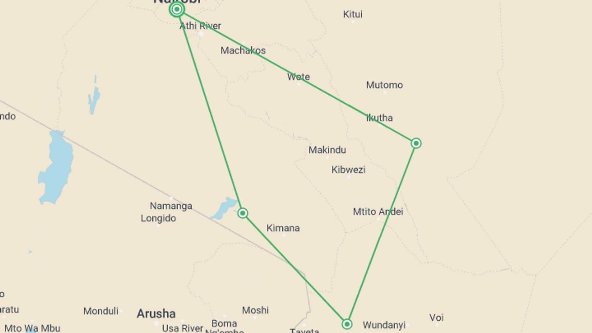 A map showing the tour itinerary for the trip: 4 Day Safari: Amboseli,Tsavo West &Tsavo East, starting in Nairobi, Kenya and ending in Nairobi, Kenya going through 3 other destinations.