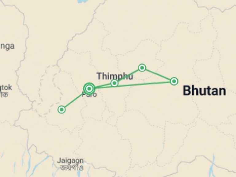 Map itinerary of Thimphu Tour in December 2025 with 4 destination visits for the trip: 9-Day Land of Mysticism Bhutan Tour