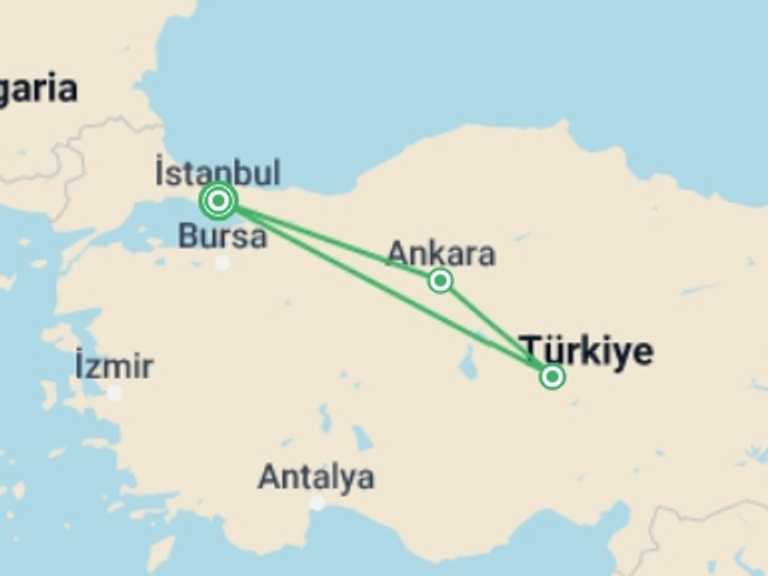 Map of Turkey Tour with 3 destination visits for the trip: Istanbul - Ankara - Cappadocia | 6 Days