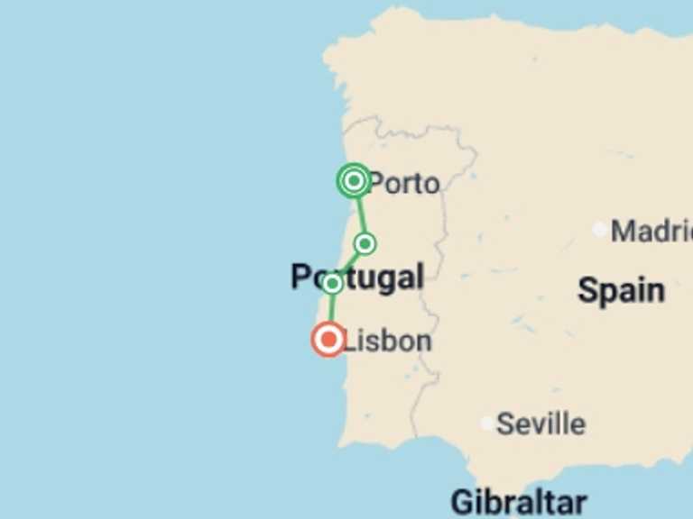 Map of Europe Tour with 4 destination visits for the trip: Highlights of Portugal