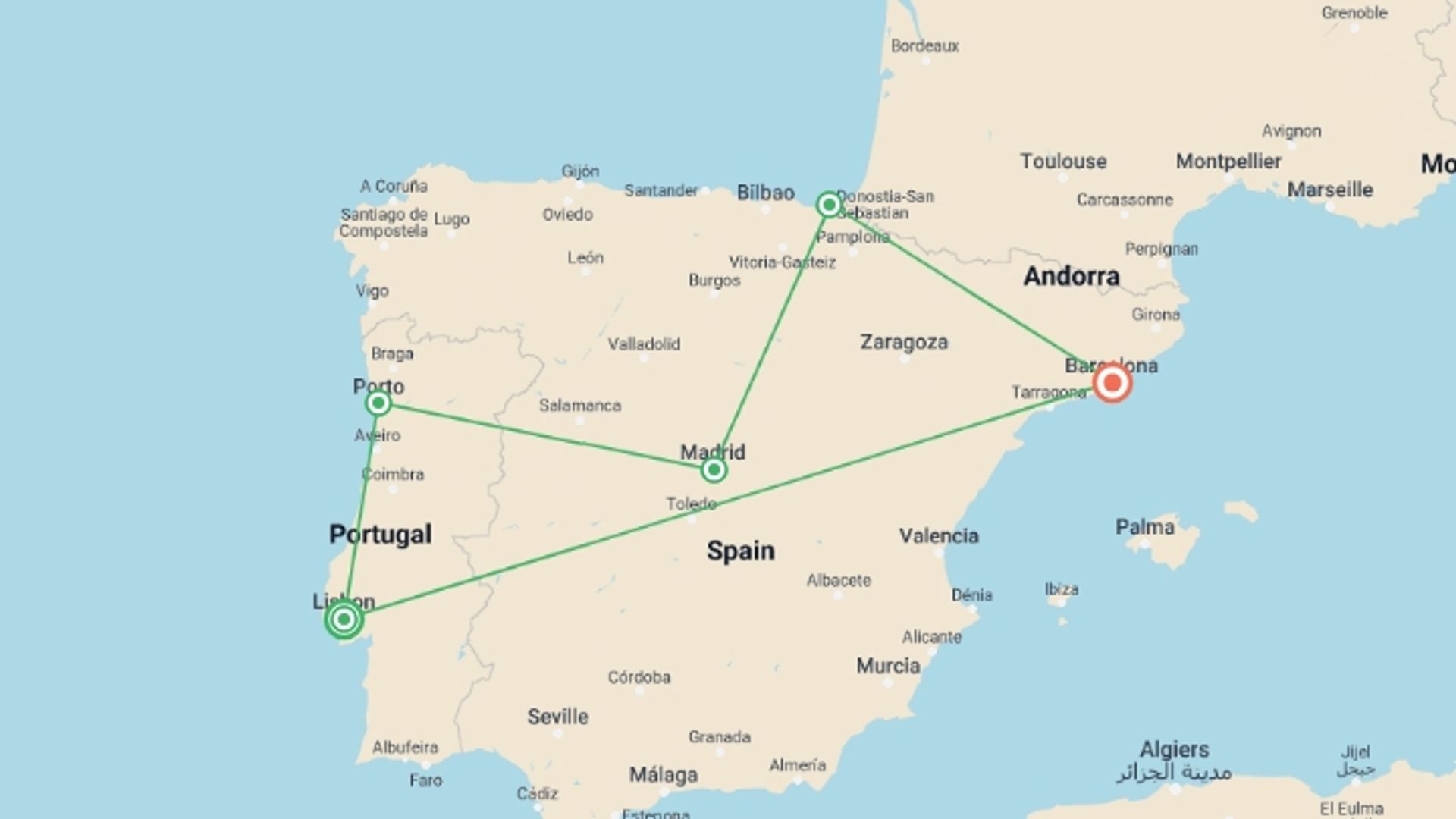 A map showing the tour itinerary for the trip: Delve Deep: Spain & Portugal, starting in Lisbon, Portugal and ending in Barcelona, Spain going through 3 other destinations.
