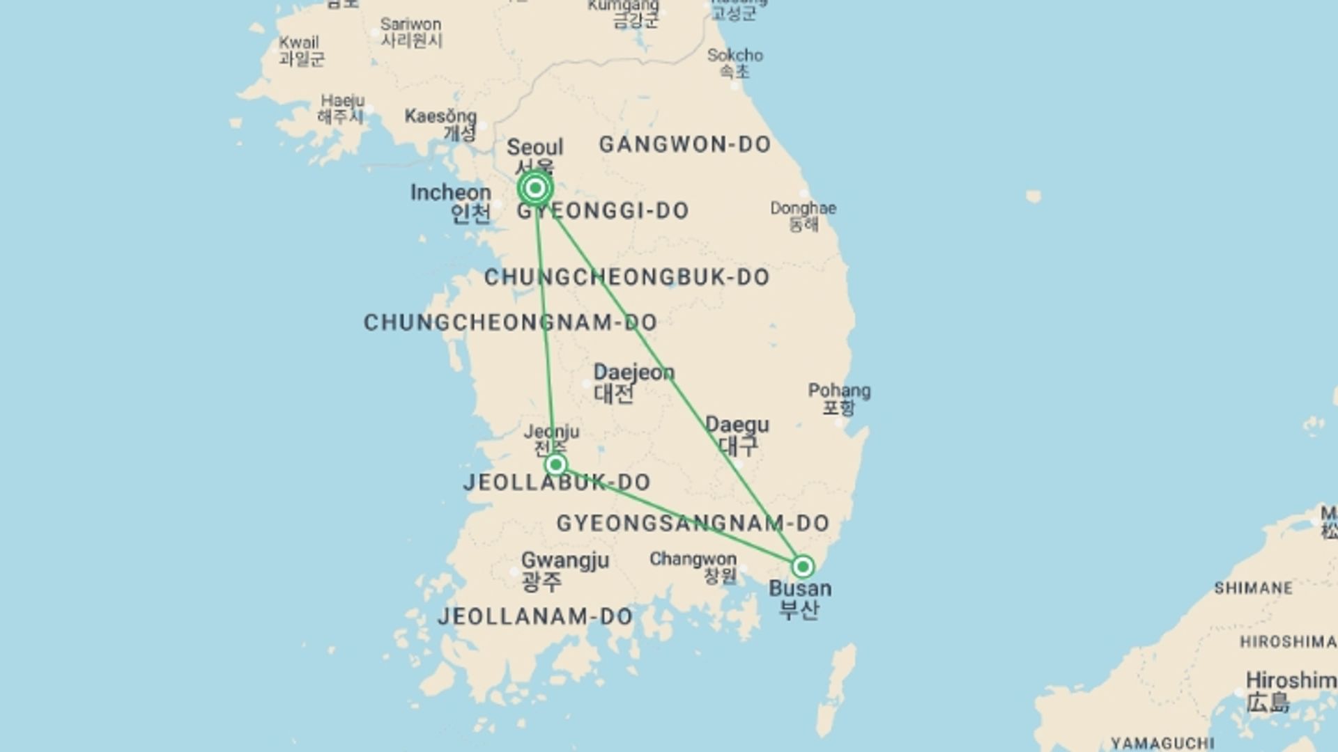 A map showing the tour itinerary for the trip: Korea Express, starting in Seoul, South Korea and ending in Seoul, South Korea going through 2 other destinations.