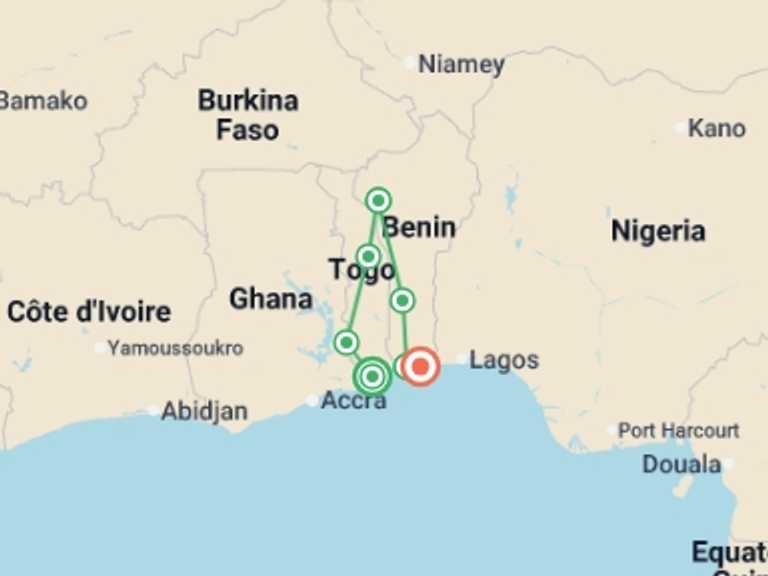 Map itinerary of Africa Tour in Fall with 7 destination visits for the trip: Togo and Benin: Local Markets, Koutammakou and Voodoo Traditions