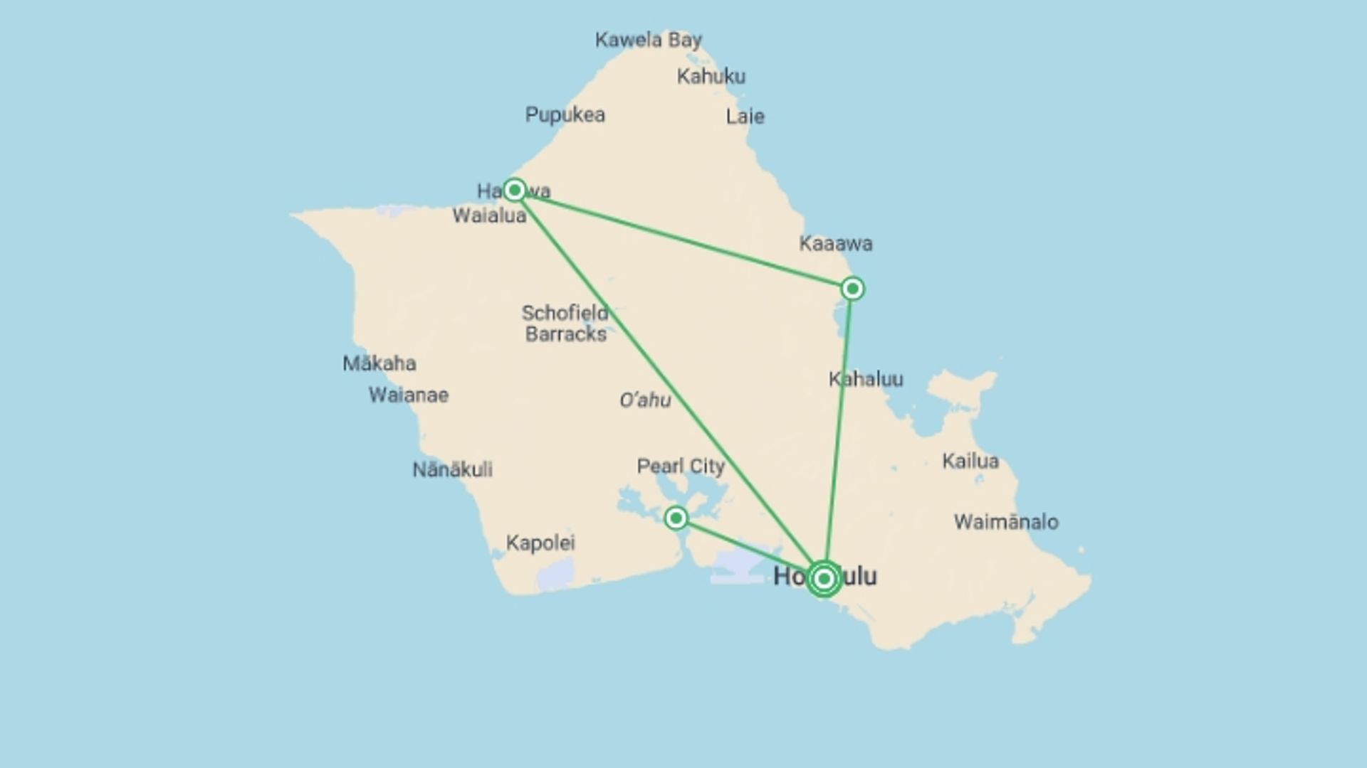 A map showing the tour itinerary for the trip: Hawaii Oahu Explorer - 7 days, starting in Honolulu, USA and ending in Honolulu, USA going through 0 other destinations.