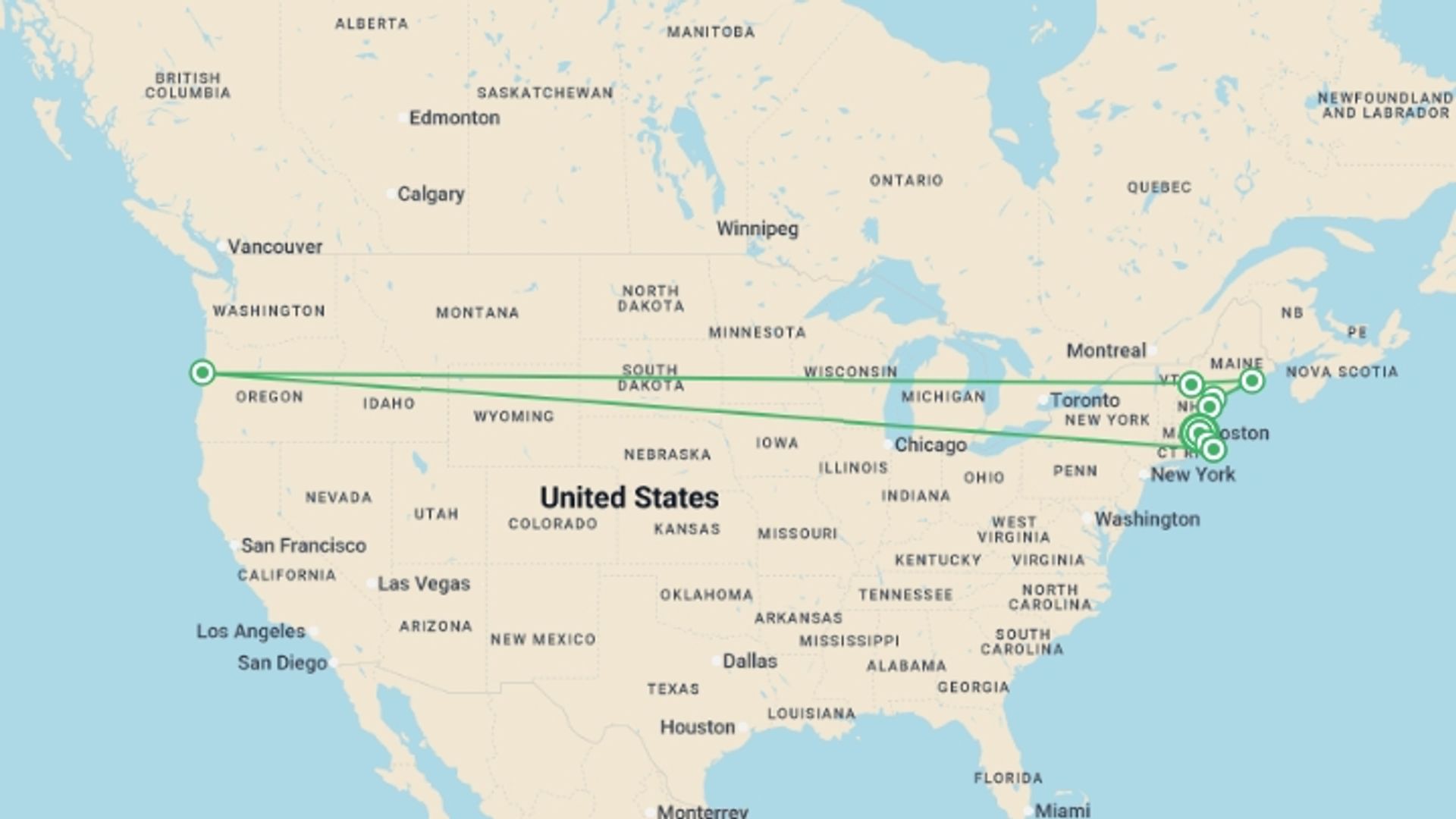 A map showing the tour itinerary for the trip: New England, White Mountains & Cape Cod - 10 days, starting in Boston, USA and ending in Boston, USA going through 5 other destinations.