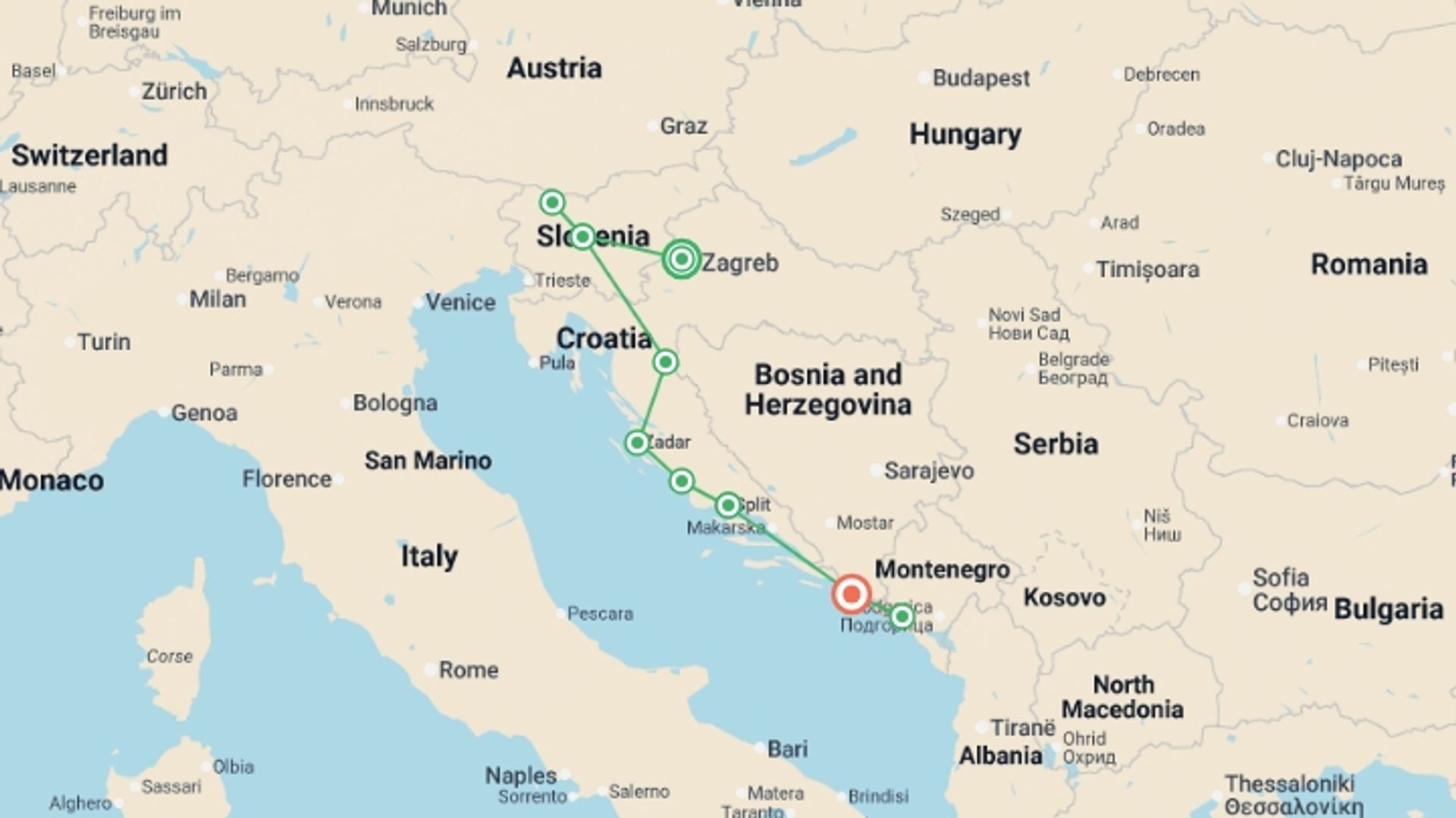 A map showing the tour itinerary for the trip: Best of Croatia Slovenia and Montenegro, starting in Zagreb, Croatia and ending in Dubrovnik, Croatia going through 3 other destinations.