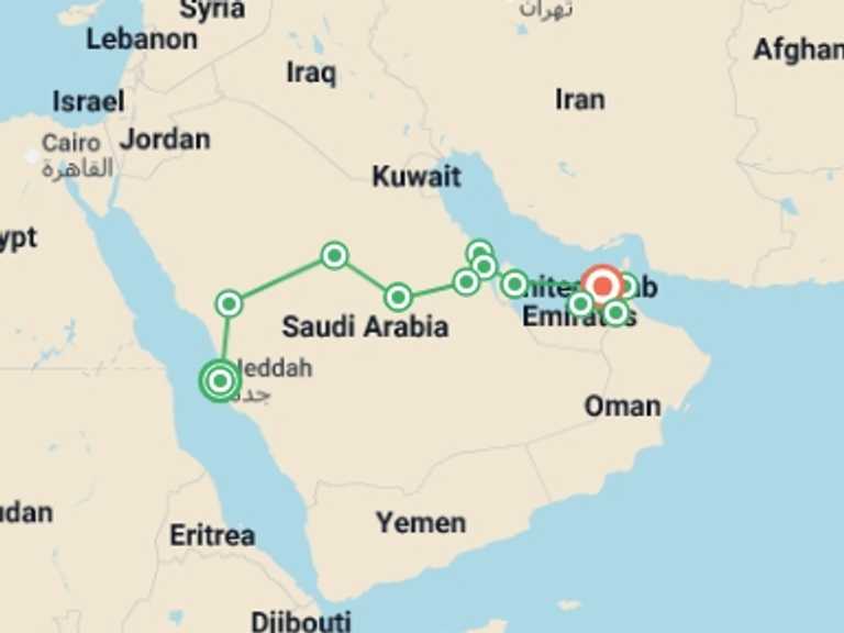 Map itinerary of Dubai Tour in December 2025 with 12 destination visits for the trip: Saudi Arabia with Bahrain, Qatar and Emirates