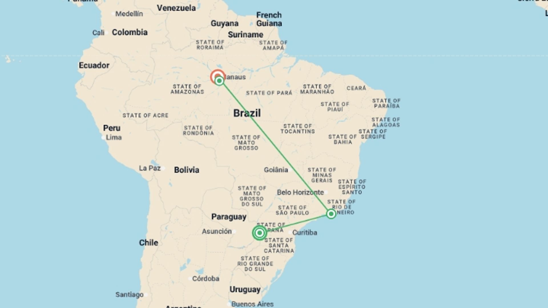 A map showing the tour itinerary for the trip: Best Of Brazil, starting in Iguazu Falls National Park, Brazil and ending in Manaus, Brazil going through 4 other destinations.